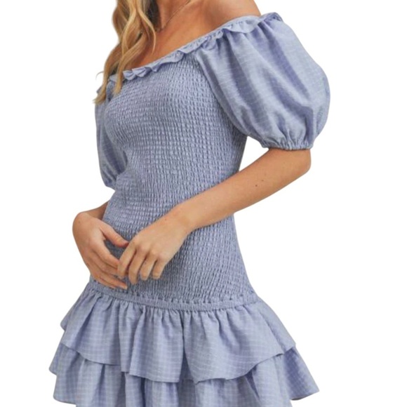 Lush Blue Off-Shoulder Smocked ruffled mini Dress NWT Size M - Picture 9 of 9